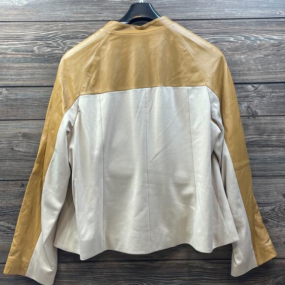 Hal Rubenstein Tan Leather Jacket Coat Lined Cream Ponte Stretch SZ 2X C101666 - Picture 2 of 7